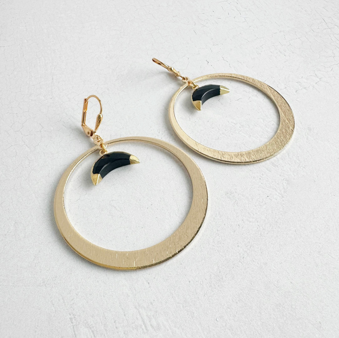 Black Onyx Crescent Hoop Earrings in Brushed Gold