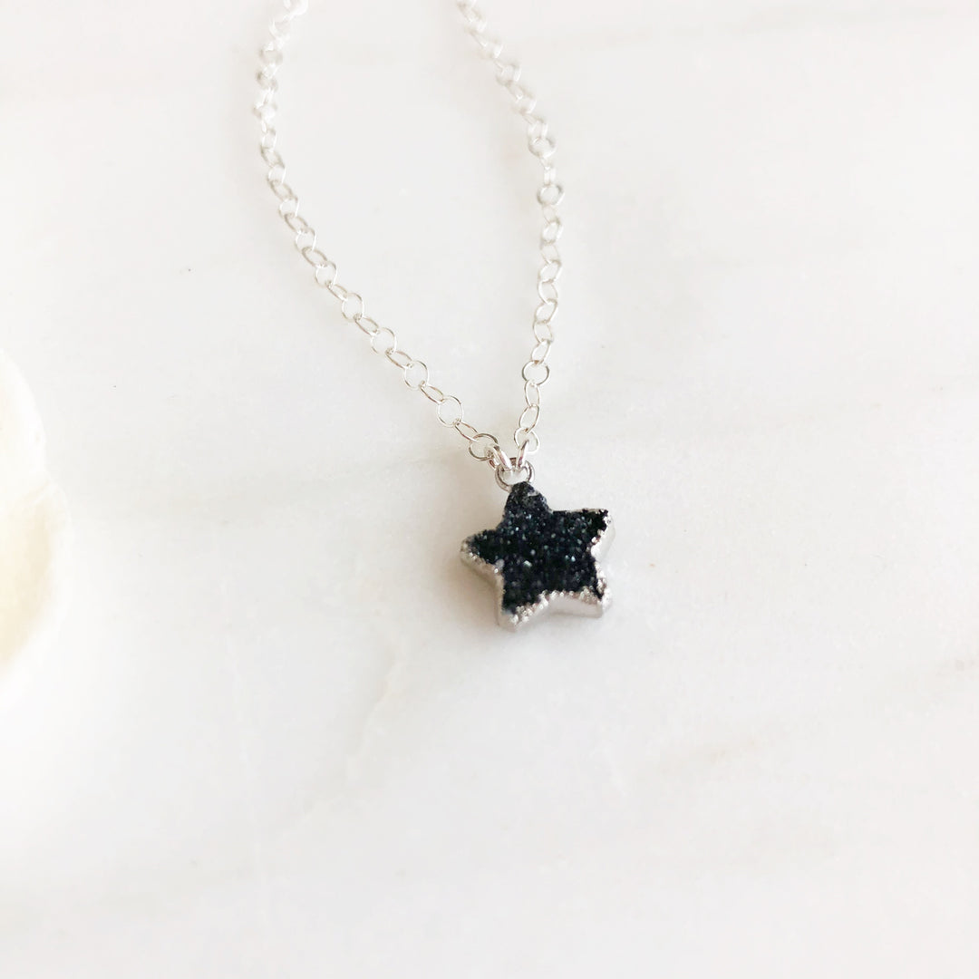 Black Druzy Star Necklace in Sterling Silver