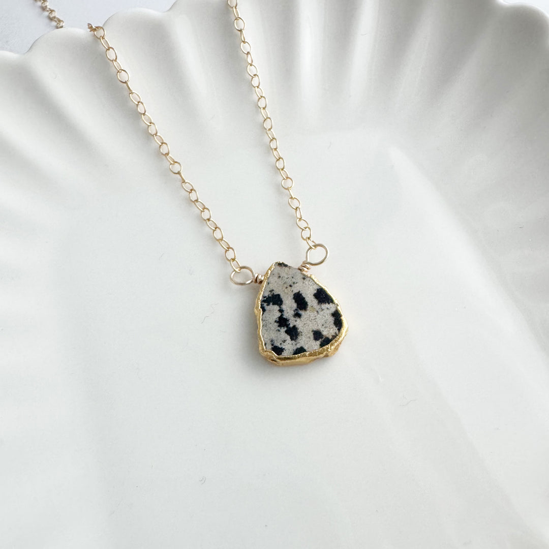 Dalmatian Jasper Gemstone Slice Necklace in Gold