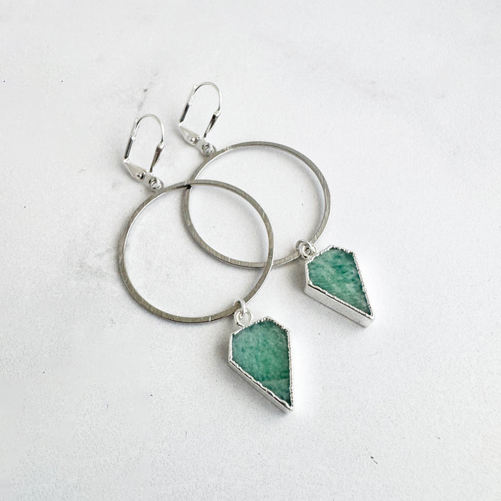 Amazonite Shield Stone Hoop Earrings in Brushed Silver