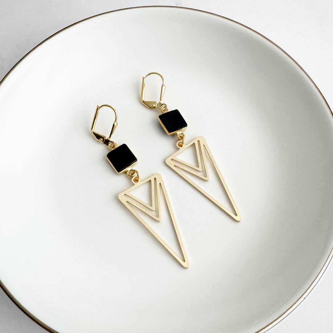 Black Onyx and Layered Triangle Statement Earrings in Gold