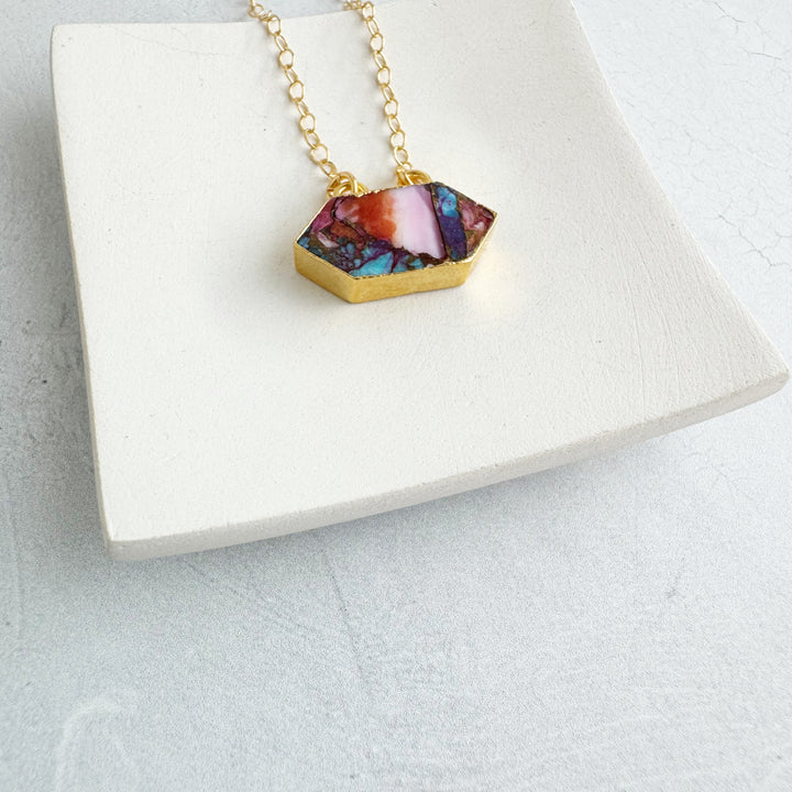 Pink Oyster Turquoise Rhombus Pendant Necklace on 14k Gold Filled Chain