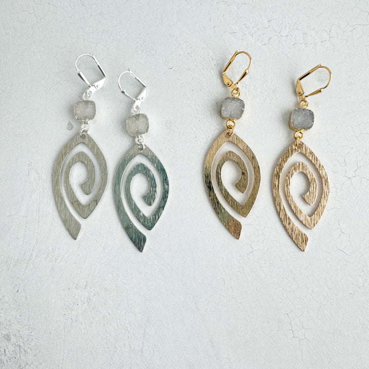 Unique Open Marquise Swirl Earrings with White Druzy Stones