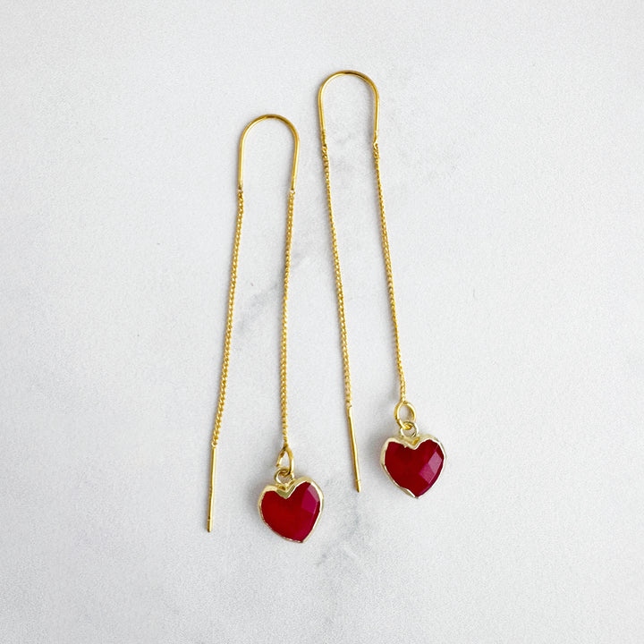 Fuchsia Chalcedony Heart Drop Threader Earrings in Gold