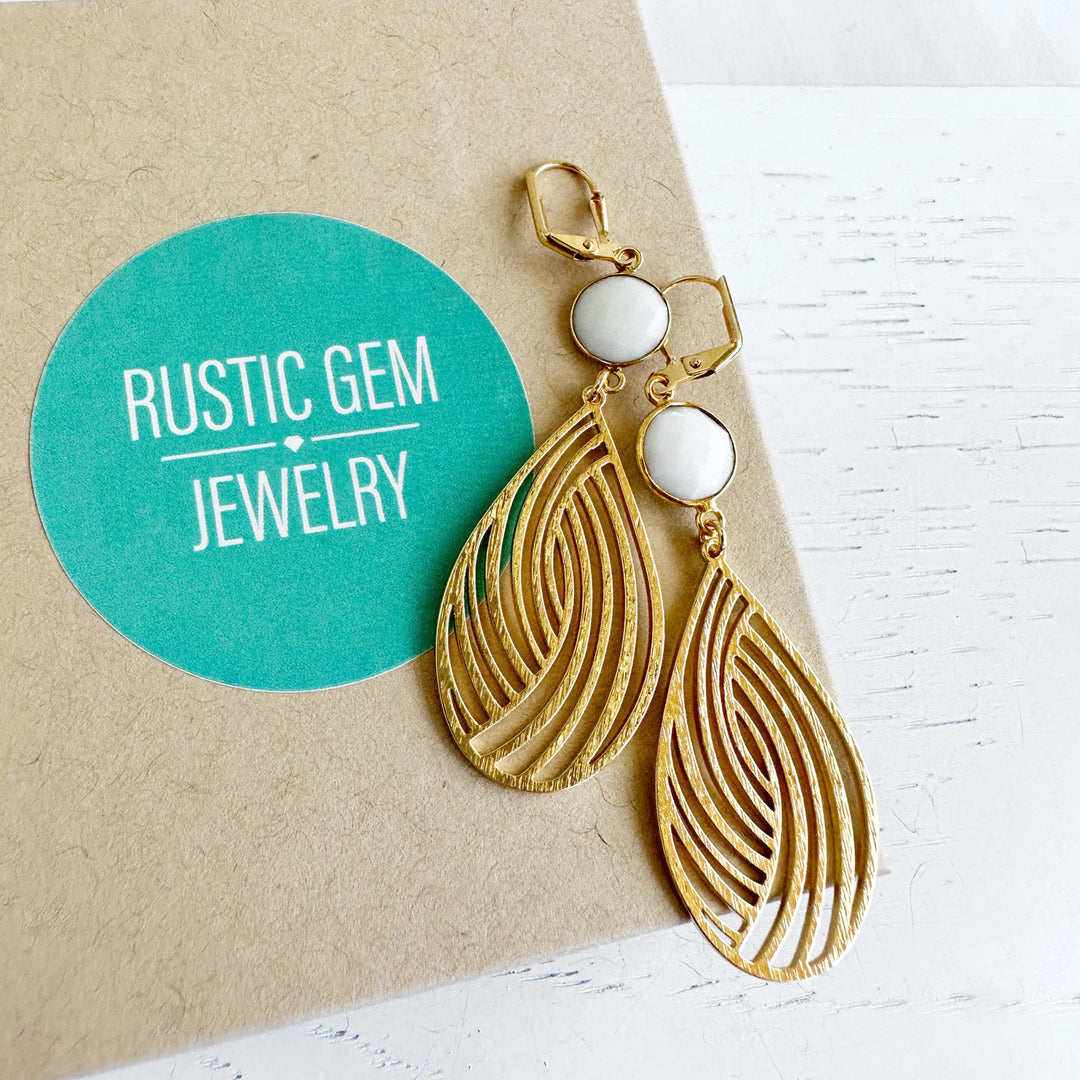 Swirl Teardrop and White Agate Statement Earrings in Brushed Gold