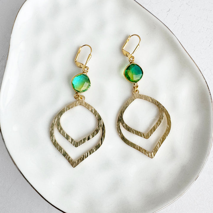 Double Teardrop Dangle Earrings with Green Aura Quartz in Brushed Gold