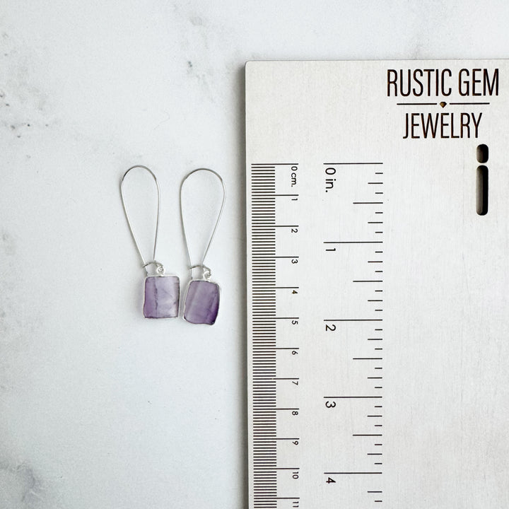 Freeform Amethyst Gemstone Slice Drop Earrings in Silver