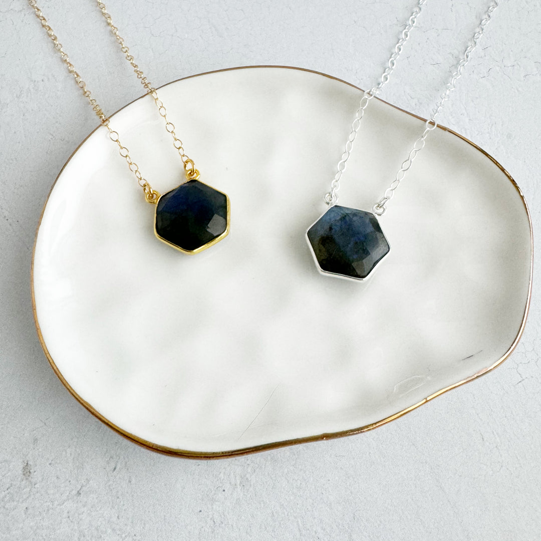 Labradorite Hexagon Bezel Necklace in Gold and Silver