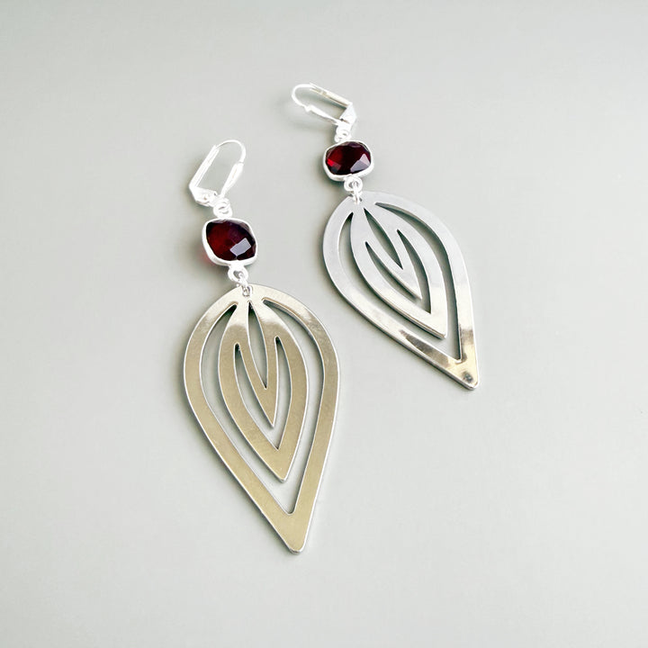 Garnet and Inverted Lotus Statement Earrings in Silver