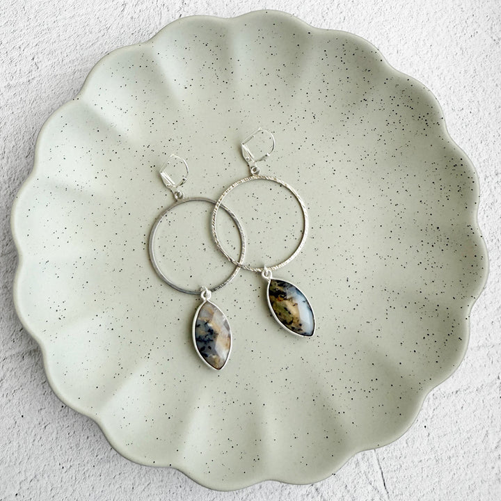 Australian Opal Marquise Hoop Dangle Earrings in Brushed Silver