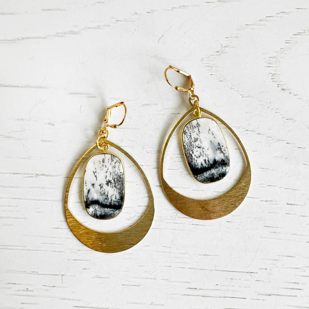 Dendrite Opal Teardrop Dangle Earrings in Brushed Gold