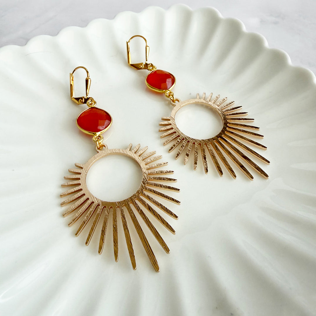Carnelian Sunburst Statement Earrings in Brushed Gold