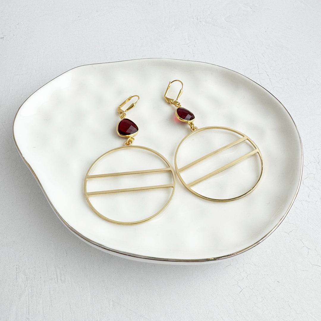 Garnet Geometric Hoops in Gold and Silver