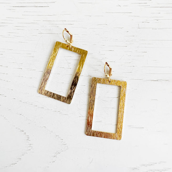 Rectangle Statement Earrings in Brushed Brass Gold