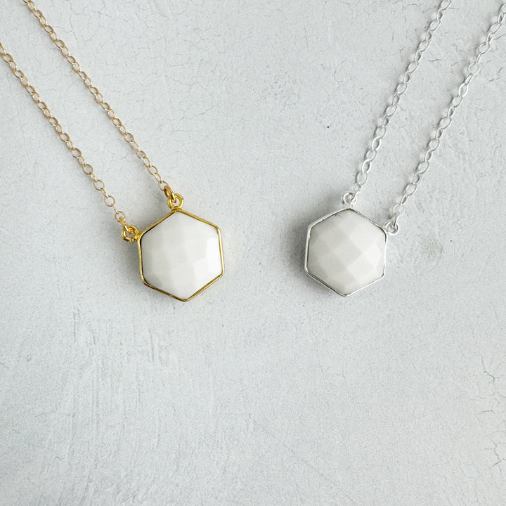 White Agate Hexagon Bezel Necklace in Gold and Silver