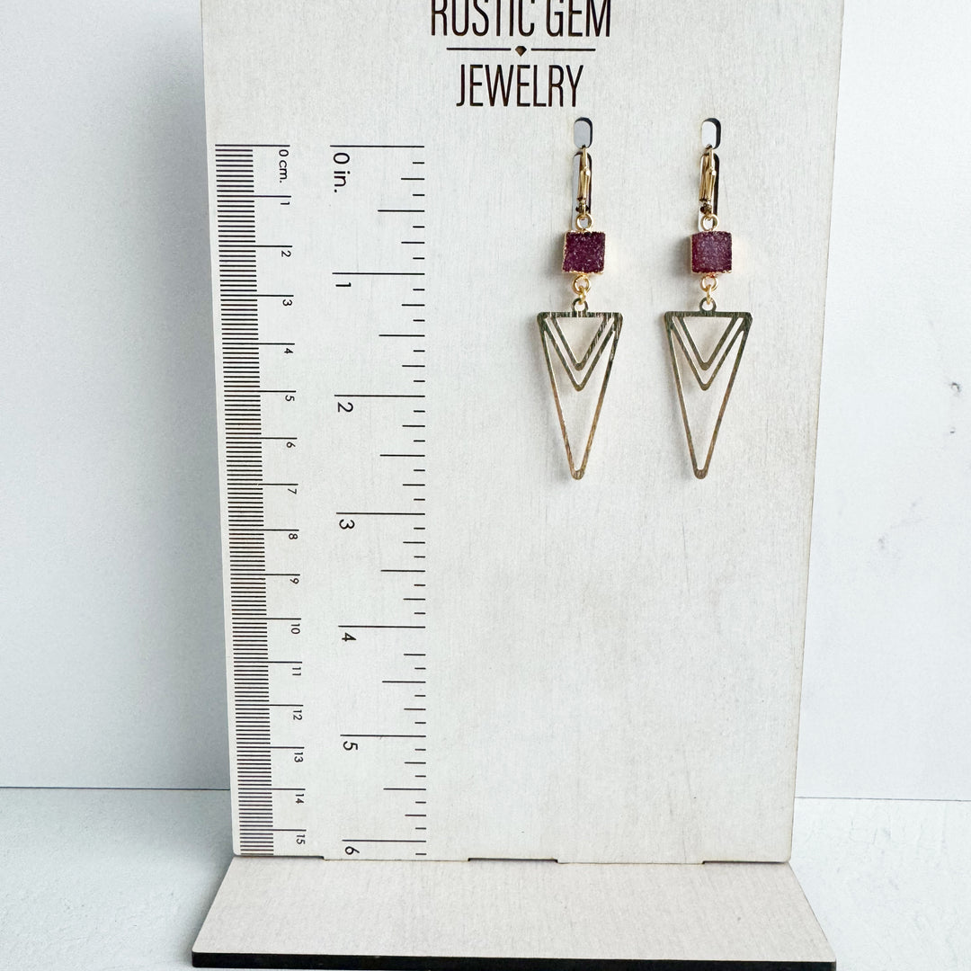 Burgundy Druzy and Layered Triangle Earrings in Brushed Silver or Gold