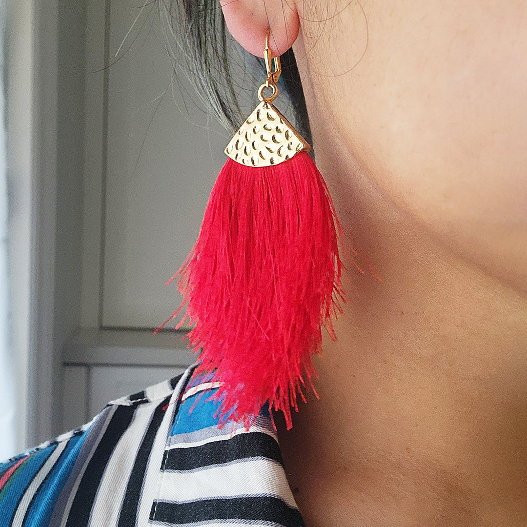 Red Marquise Tassel Earrings in Brass Gold