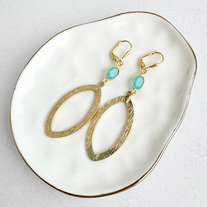 Aqua Stone Marquise Dangle Earrings in Brushed Gold