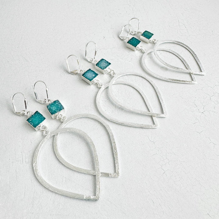 Teal Druzy Inverted Teardrop Earrings in Brushed Silver