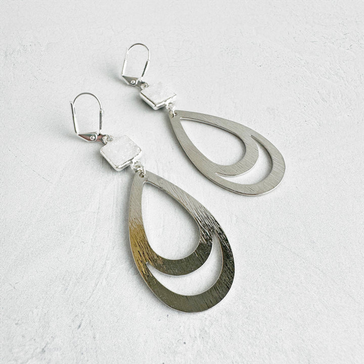 White Druzy Double Teardrop Earrings in Brushed Silver