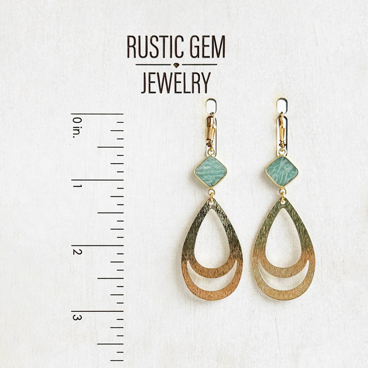 Amazonite Double Teardrop Earrings in Brushed Gold