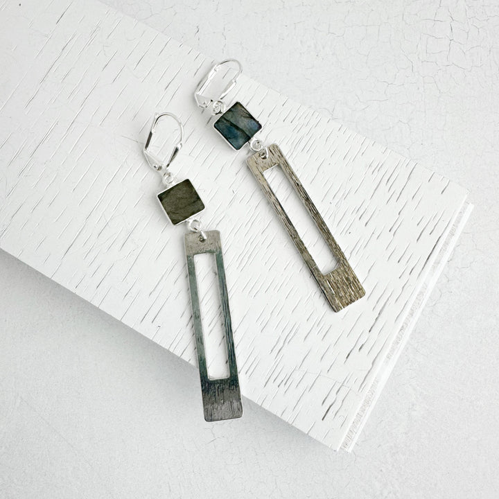 Labradorite Rectangle Drop Earrings in Brushed Silver