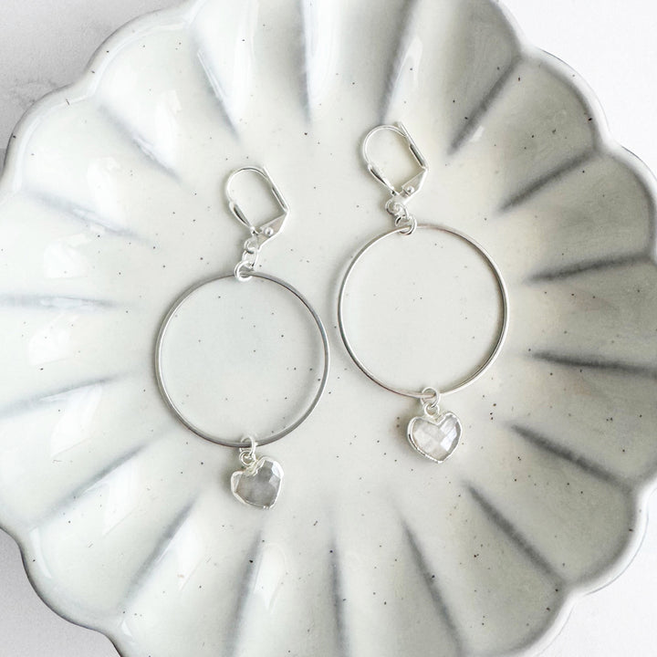 Moonstone Heart Dangle Hoop Earrings in Brushed Silver