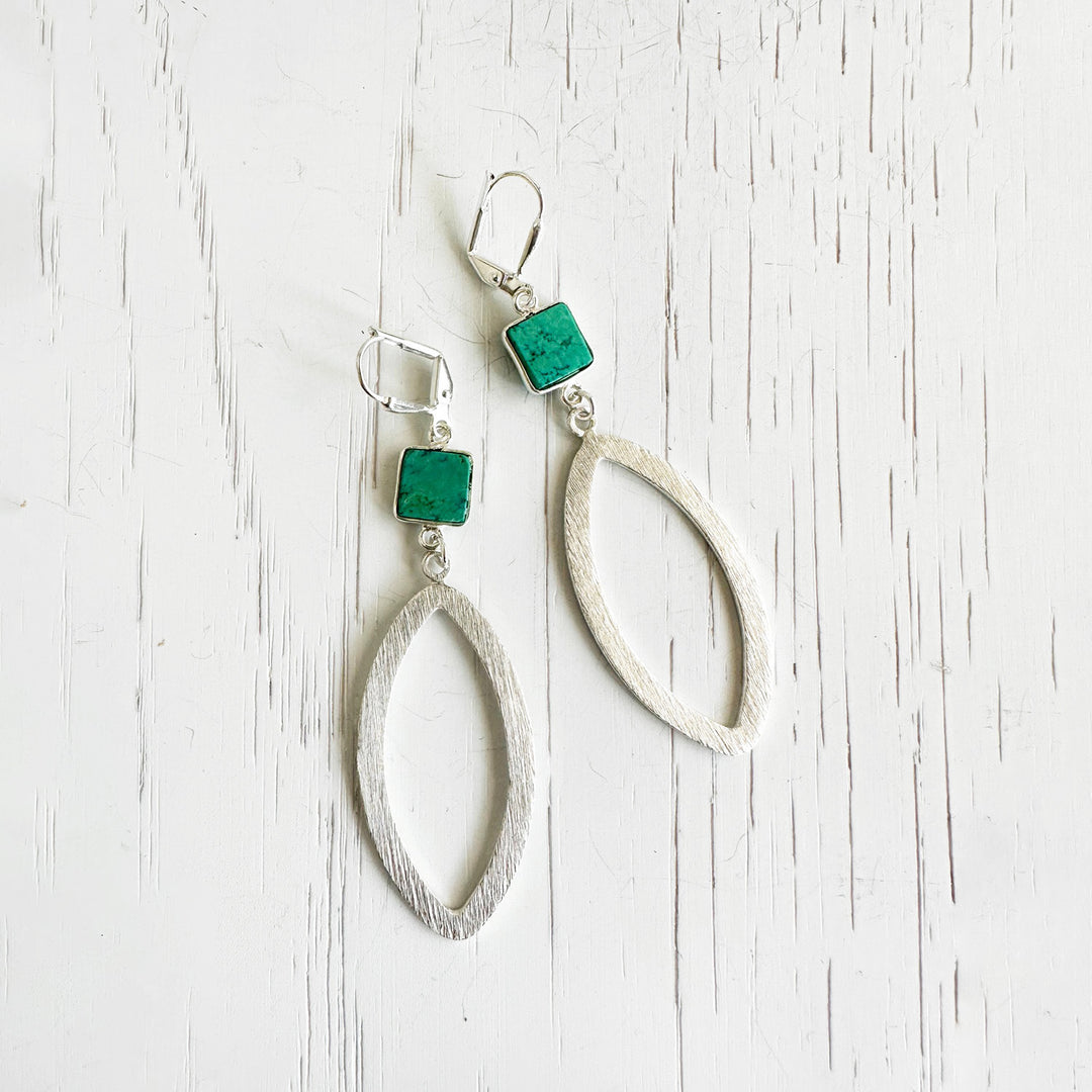 Tibetan Turquoise Marquise Statement Earrings in Brushed Silver