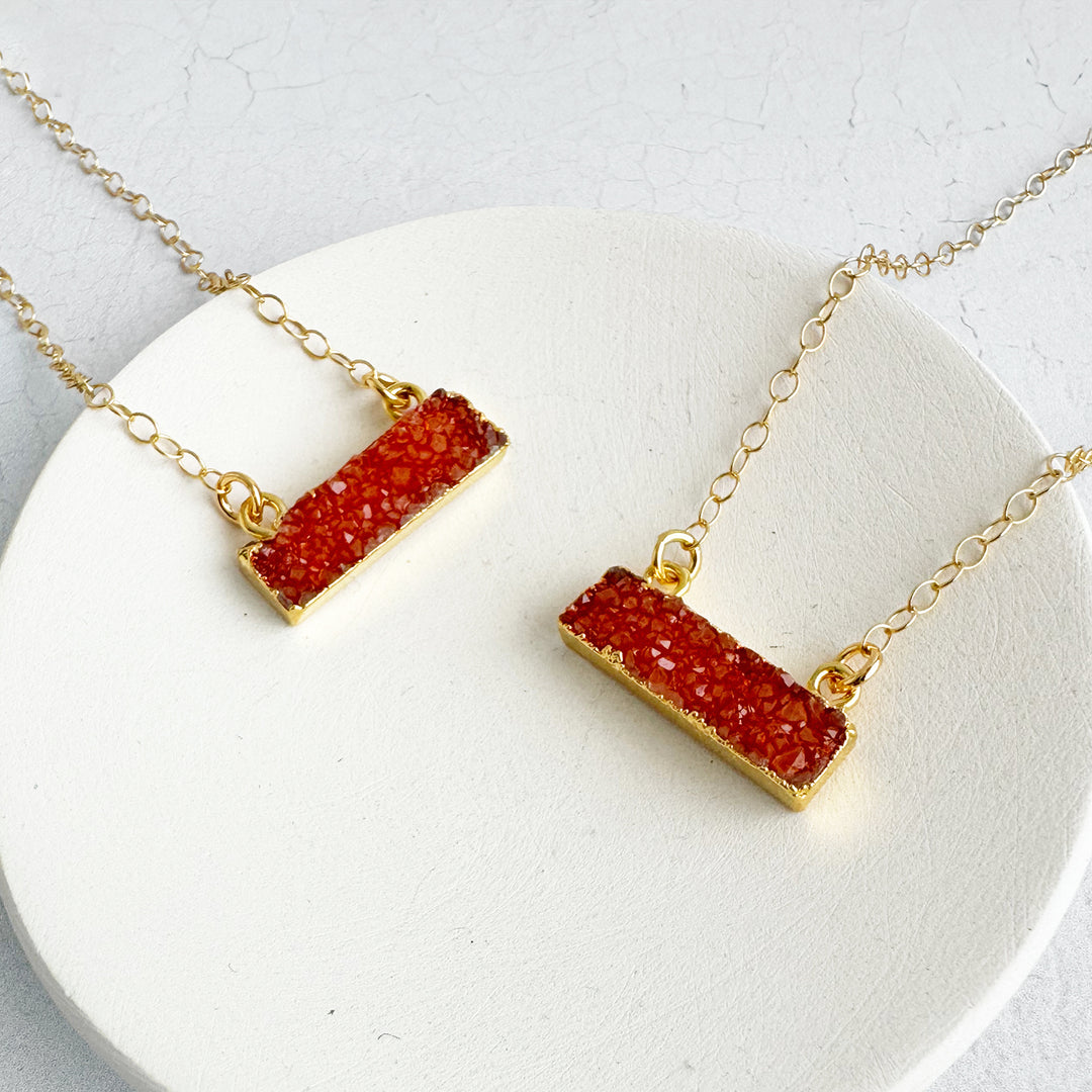 Small Orange Druzy Bar Necklace in 14k Gold Filled