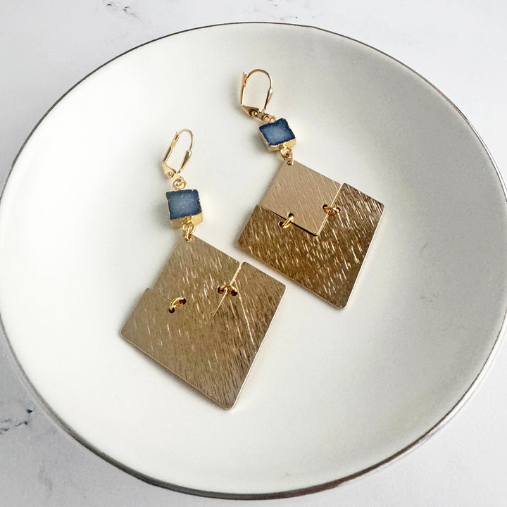 Blue Druzy Diamond Pendant Statement Earrings in Gold