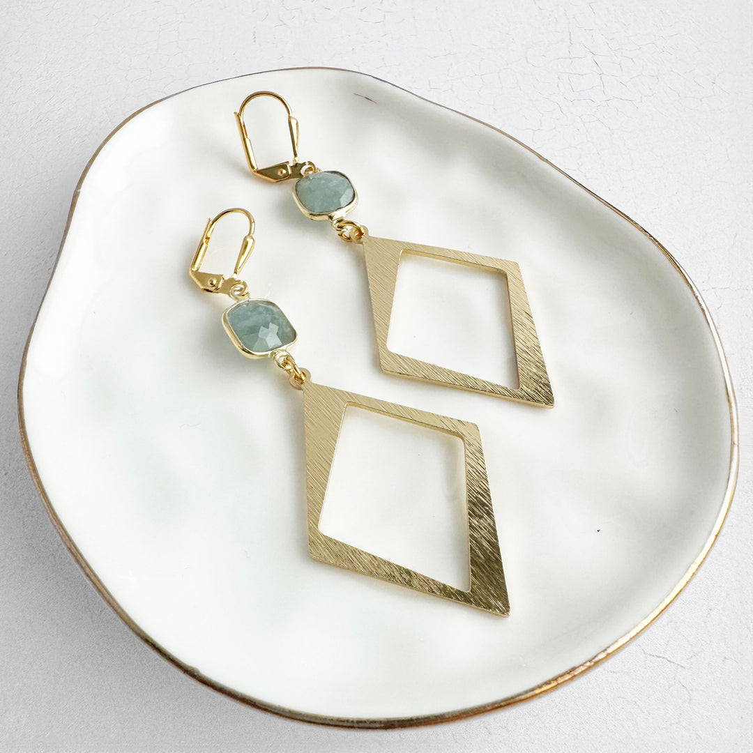 Aquamarine Diamond Pendant Earrings in Brushed Gold