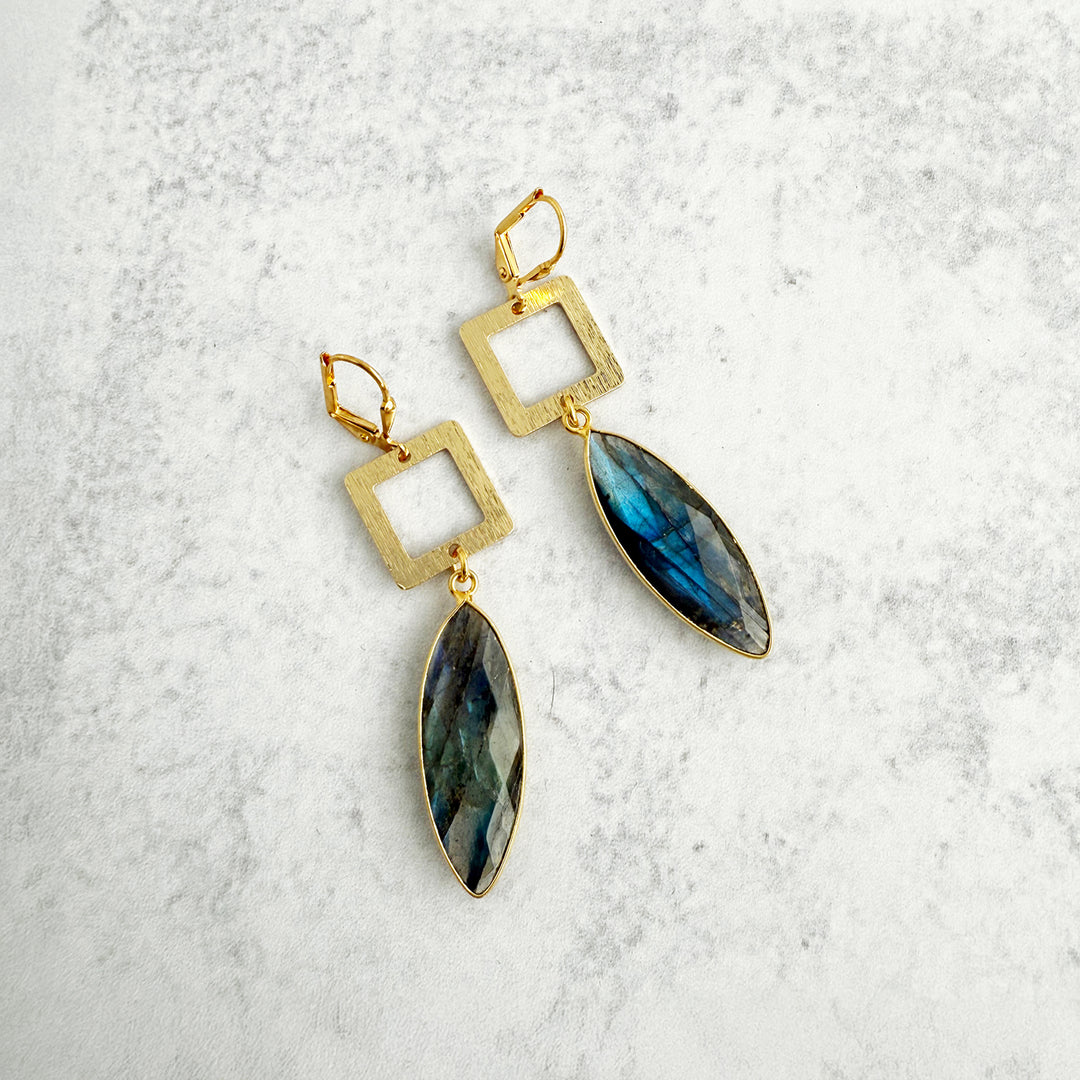 Labradorite Marquise and Square Dangle Earrings in Brushed Gold