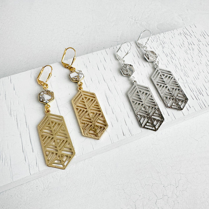 Elongated Hexagon and White Mojave Earrings in Brushed Gold and Silver