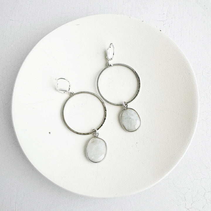 Moonstone Hoop Dangle Earrings in Brushed Silver