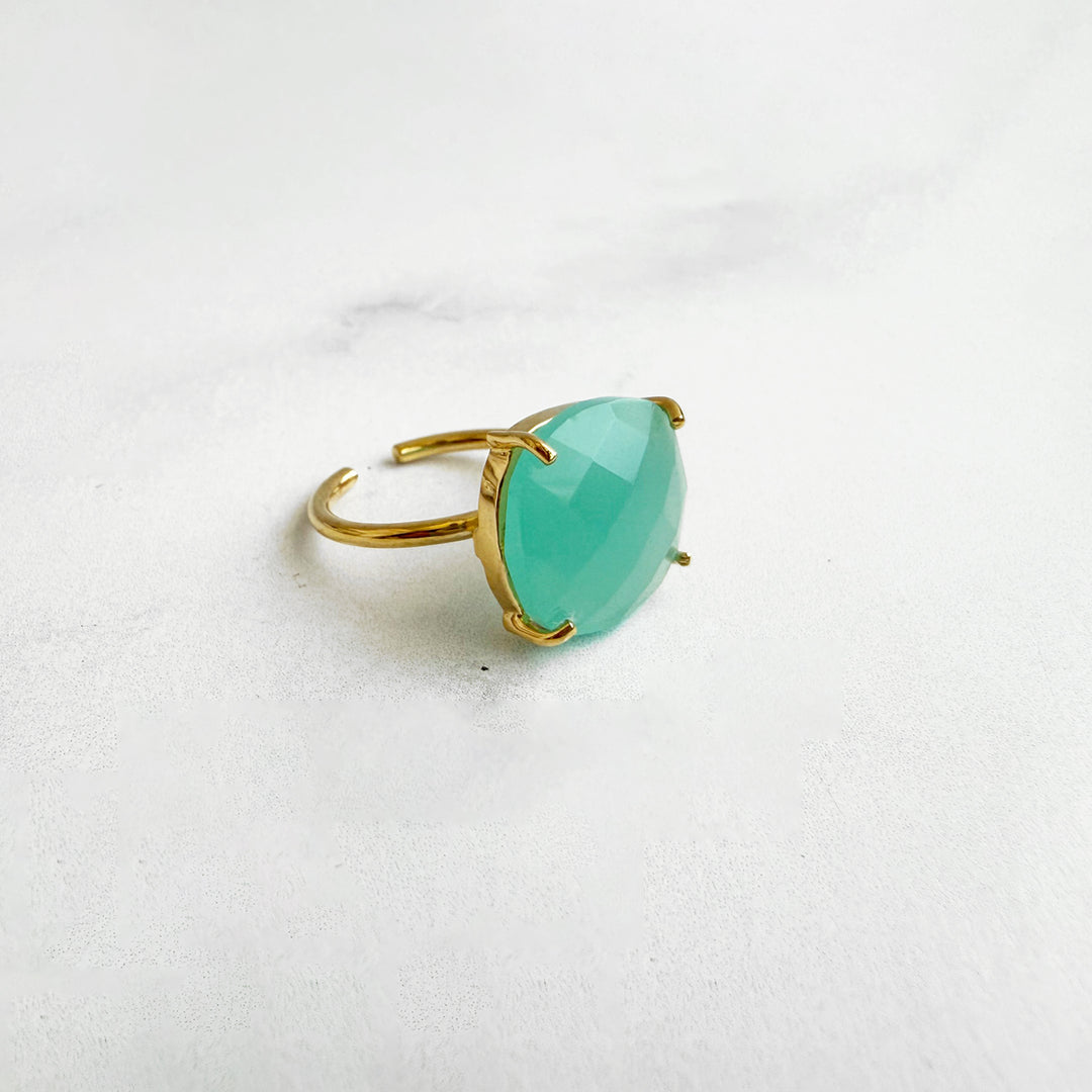 Large Aqua Chalcedony Gemstone Ring Prong Setting in Gold