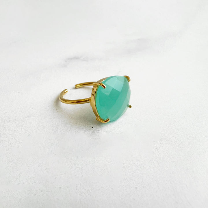 Large Aqua Chalcedony Gemstone Ring Prong Setting in Gold