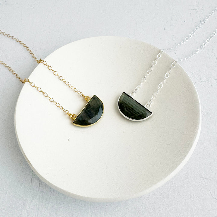 Small Labradorite Half Moon Crescent Necklace in Gold and Silver