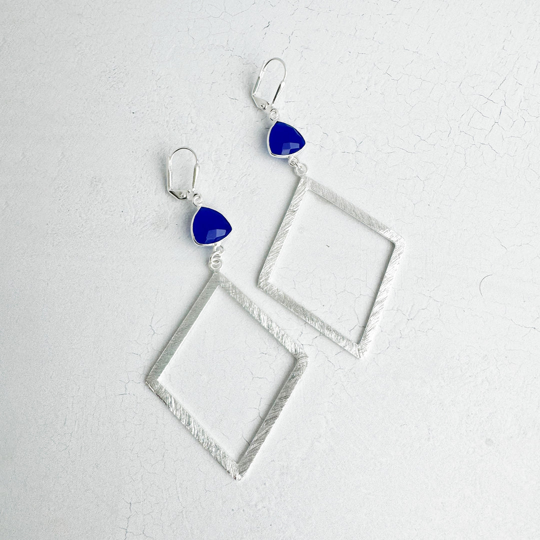 Blue Chalcedony Diamond Pendant Earrings in Brushed Silver