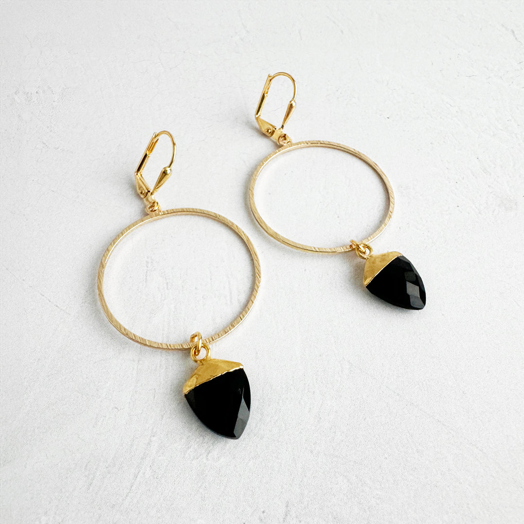 Black Onyx Hoop Dangle Earrings in Brushed Gold