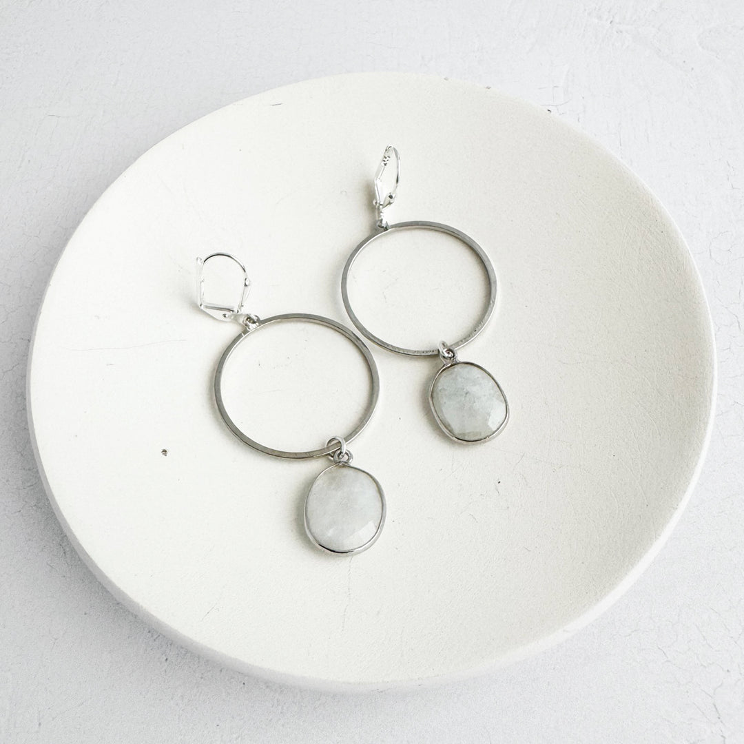 Moonstone Hoop Dangle Earrings in Brushed Silver