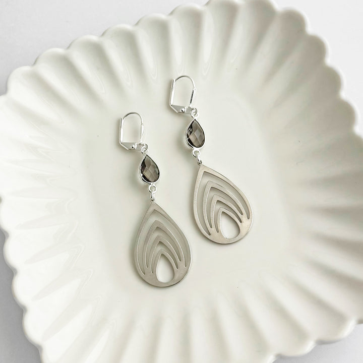 Lotus Teardrop Earrings with Smoky Quartz Stones