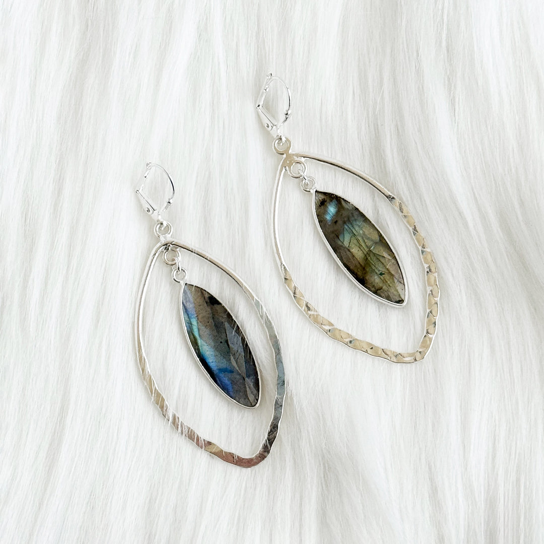 Labradorite Marquise Dangle Earrings in Hammered Silver