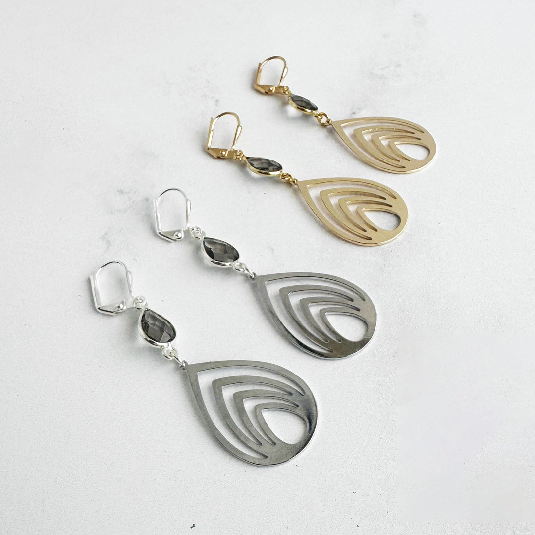 Lotus Teardrop Earrings with Smoky Quartz Stones