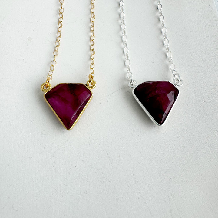 Ruby Triangle Bezel Necklace in Gold and Silver