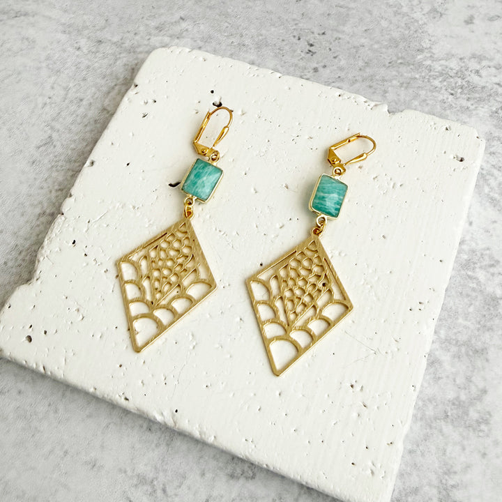 Amazonite and Webbed Diamond Earrings in Brushed Gold