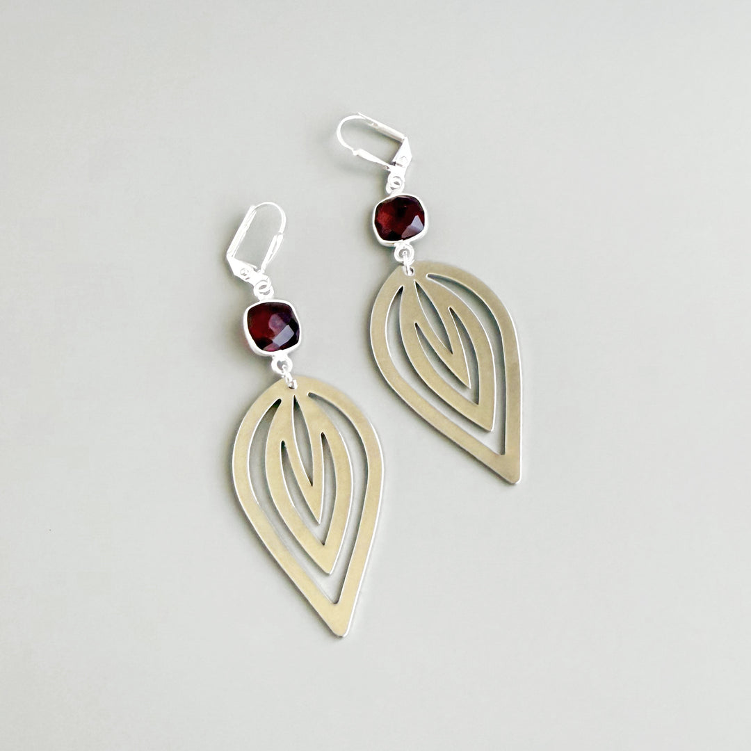 Garnet and Inverted Lotus Statement Earrings in Silver