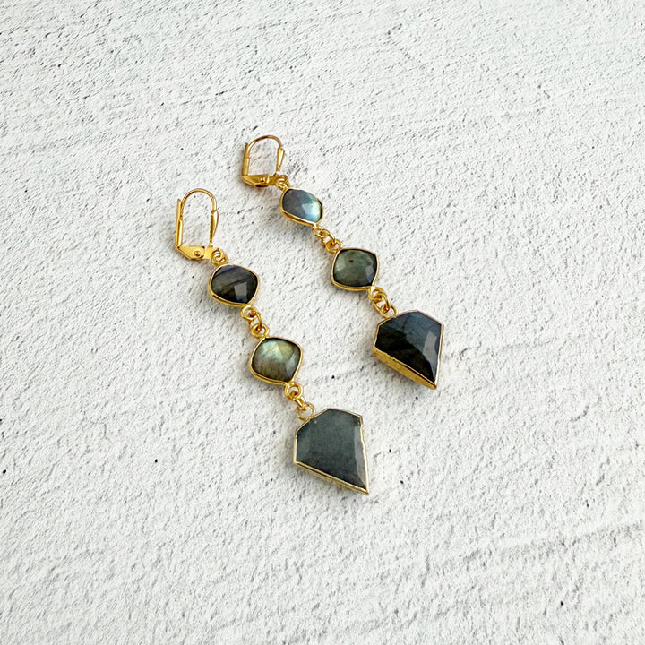 Long Labradorite Shield Gemstone Drop Earrings in Gold