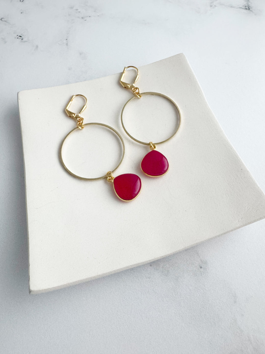 Fuchsia Chalcedony Teardrop Hoops in Gold