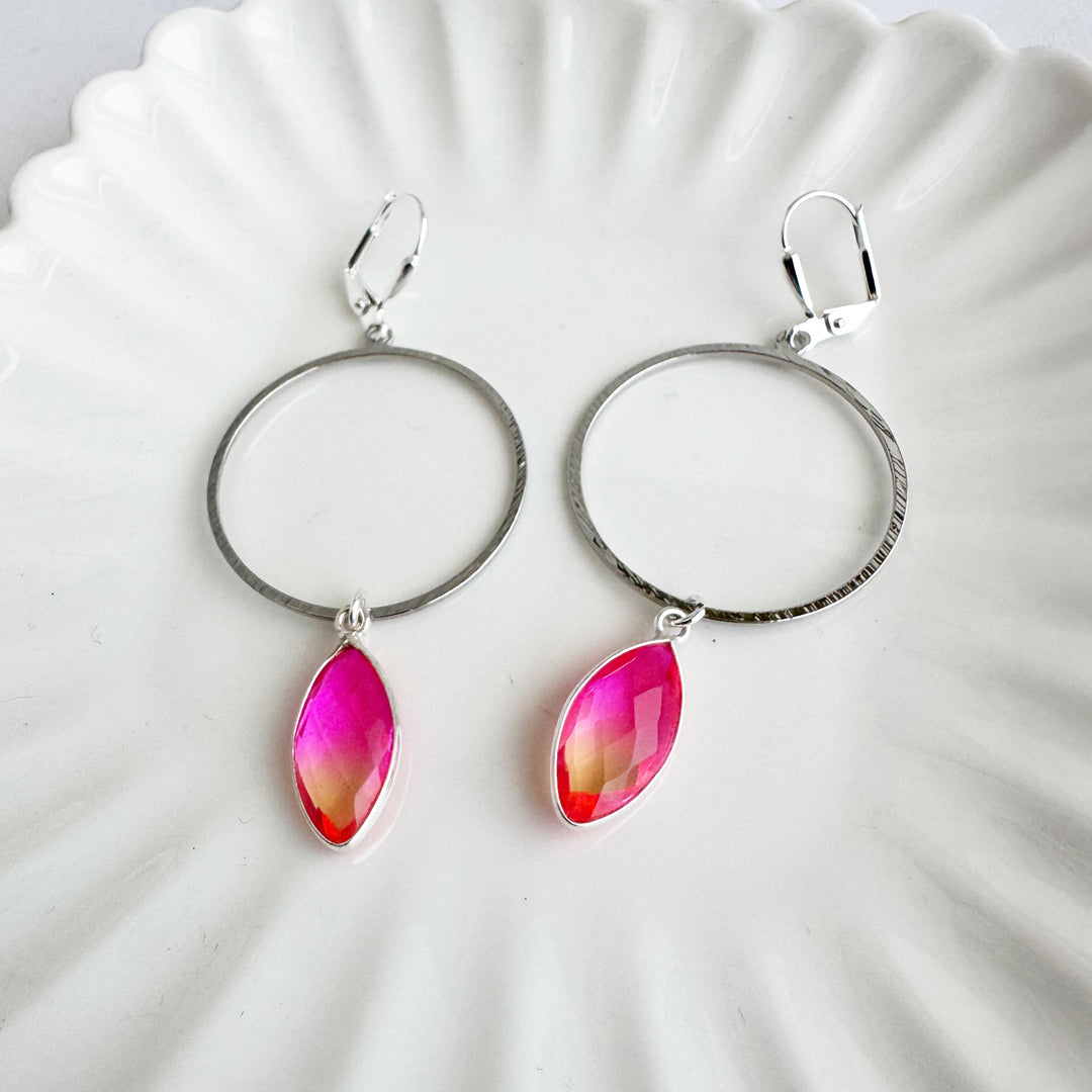 Pink Orange Aura Quartz Hoop Dangle Earrings in Silver