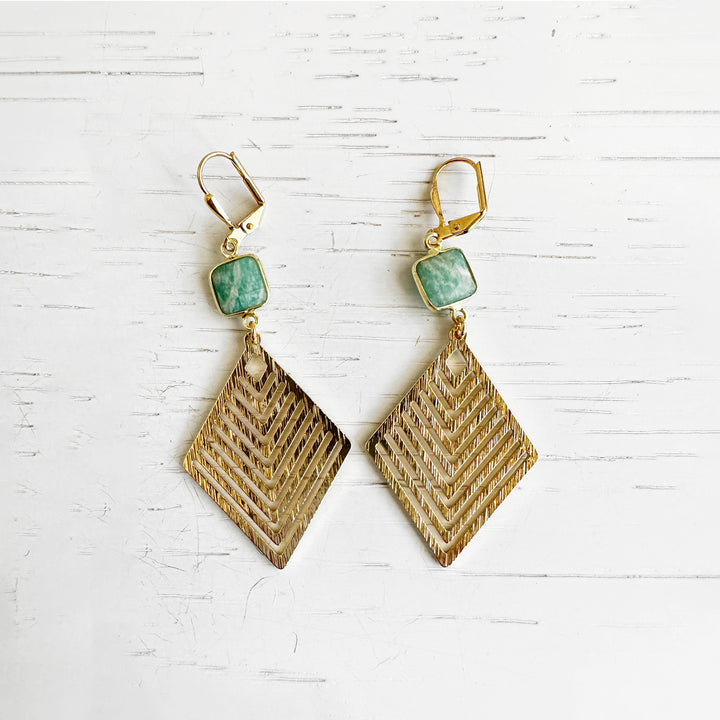 Amazonite Statement Earrings with Patterned Diamond Pendants in Brushed Gold